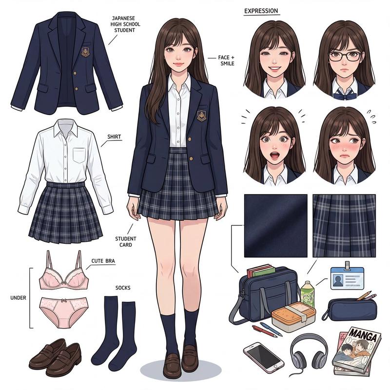 17 岁日本女高中生全景角色概念图