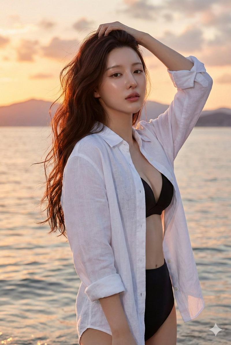 日落时分东亚女性海滩肖像