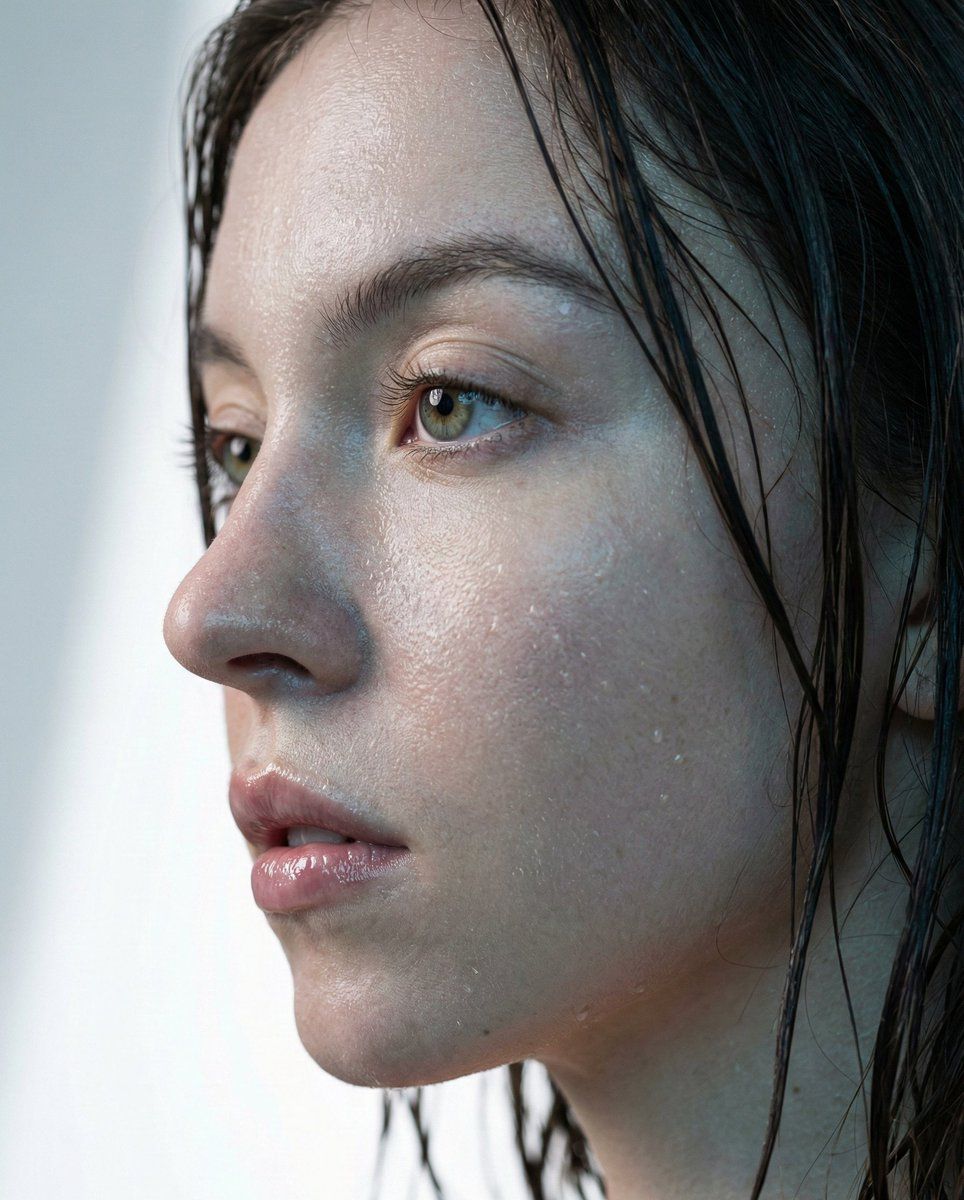 悉尼·斯威尼 (Sydney Sweeney) 的超写实微距肖像（湿发造型）
