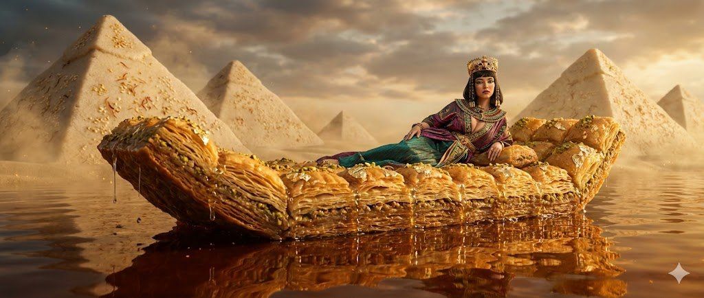 悉尼·斯威尼 (Sydney Sweeney) 饰演的埃及艳后 (Cleopatra) 乘坐果仁蜜饼驳船 (Baklava Barge) 的美食艺术幻想