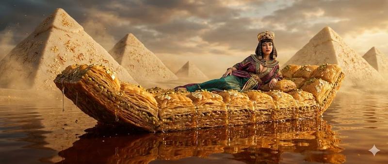 悉尼·斯威尼 (Sydney Sweeney) 饰演的埃及艳后 (Cleopatra) 乘坐果仁蜜饼驳船 (Baklava Barge) 的美食艺术幻想