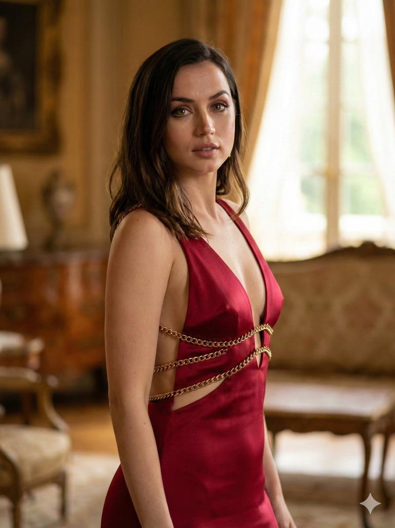 身着红色缎面礼服的安娜·德·阿玛斯 (Ana de Armas) 高级时装电影肖像