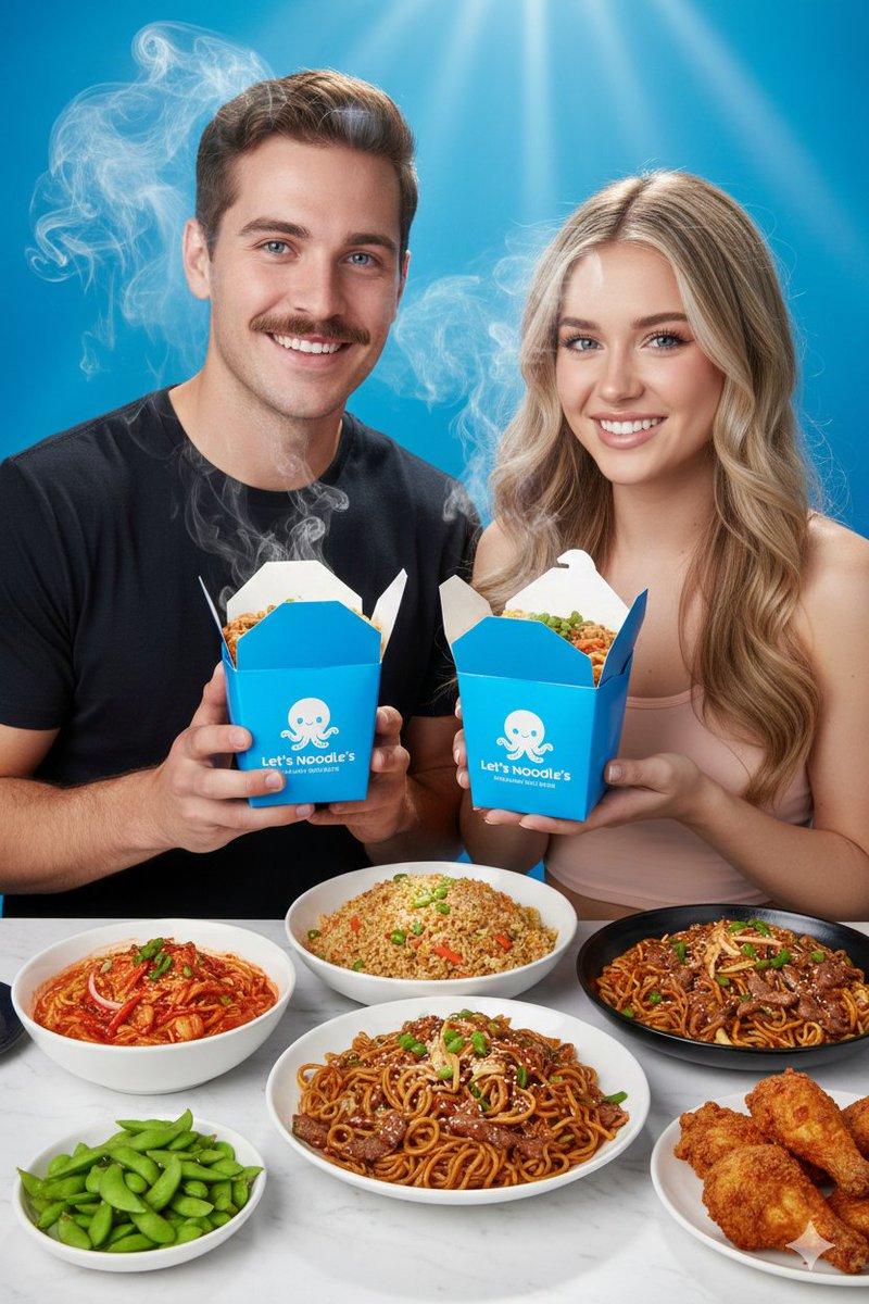 充满活力的美食摄影：情侣与面条盒