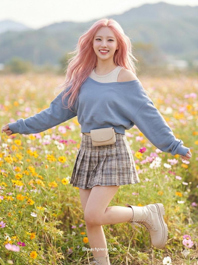 在花田中奔跑的动感 K-Pop 偶像