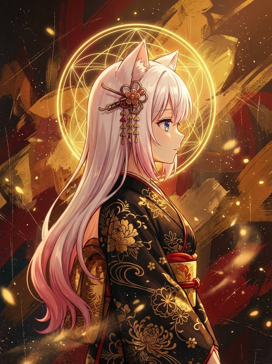 穿着和服的超现实动漫猫耳少女