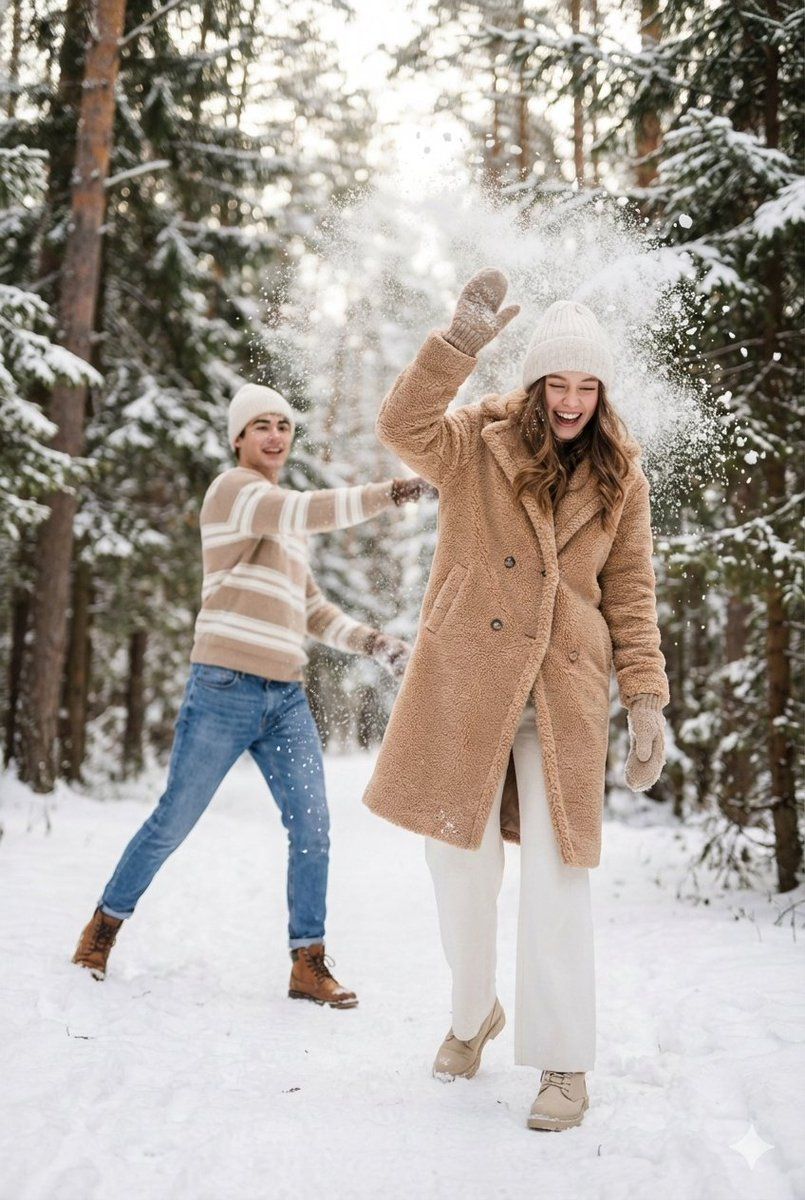 电影般的冬季场景提示：情侣扔雪