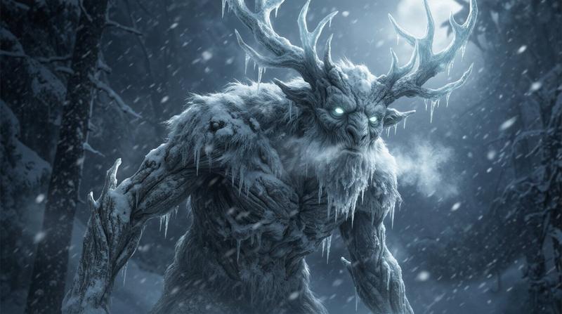 黑暗奇幻冬季生物从暴风雪中现身