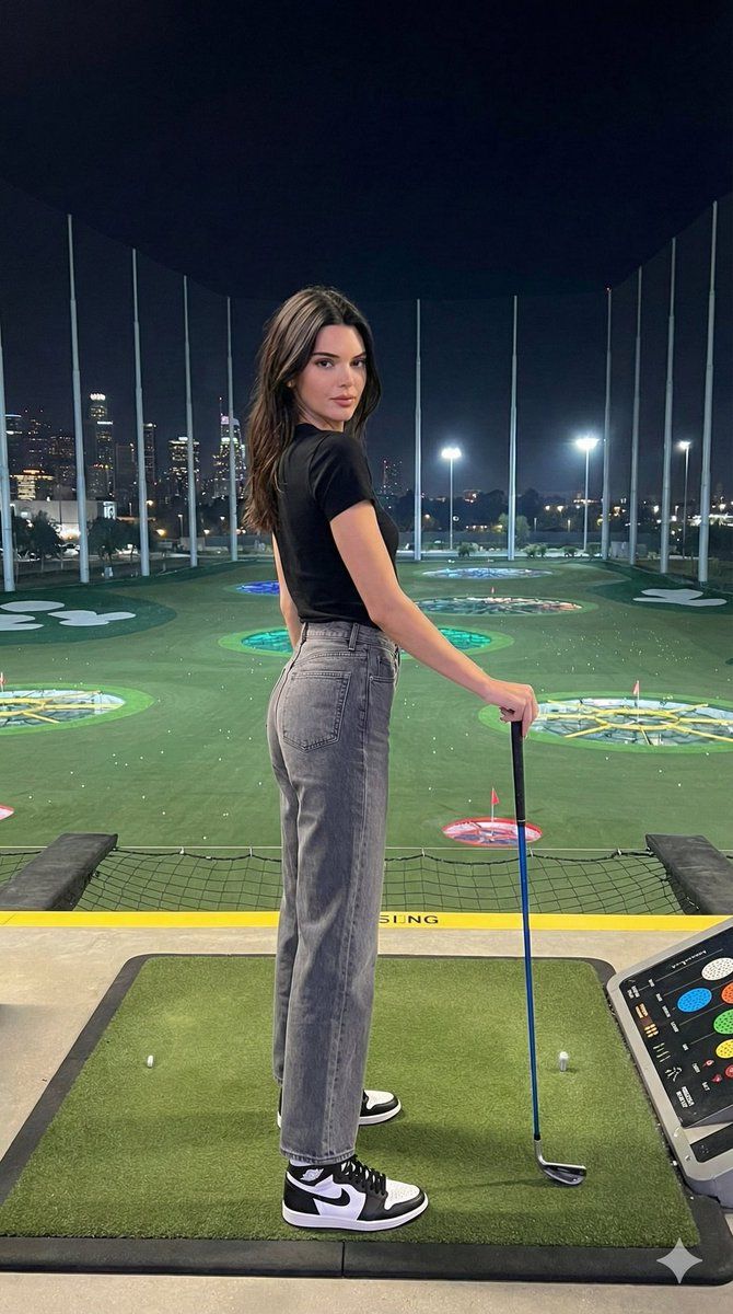 肯达尔·詹娜 (Kendall Jenner) 在豪华夜间高尔夫练习场的时尚大片