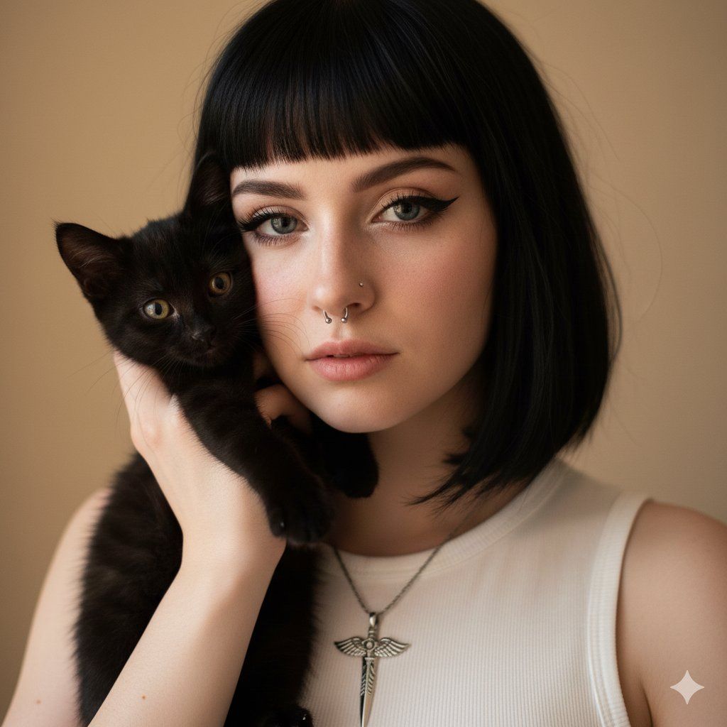柔和垃圾摇滚风格人像与黑猫