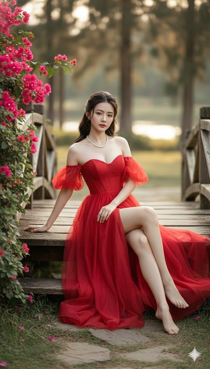 身穿红色晚礼服的女性电影级艺术肖像