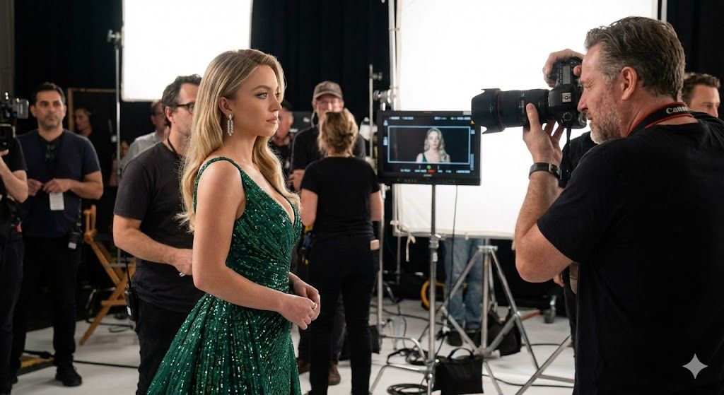 西德尼·斯威尼 (Sydney Sweeney) 饰演加油站服务员的复古美式叙事肖像