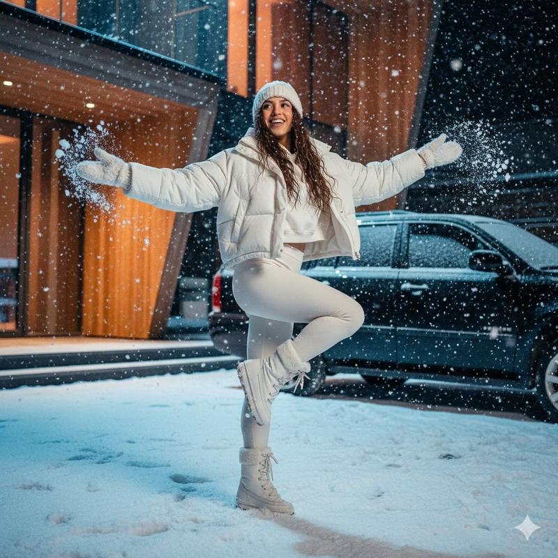 一位女士在鹅毛大雪中翩翩起舞的电影感时尚照片