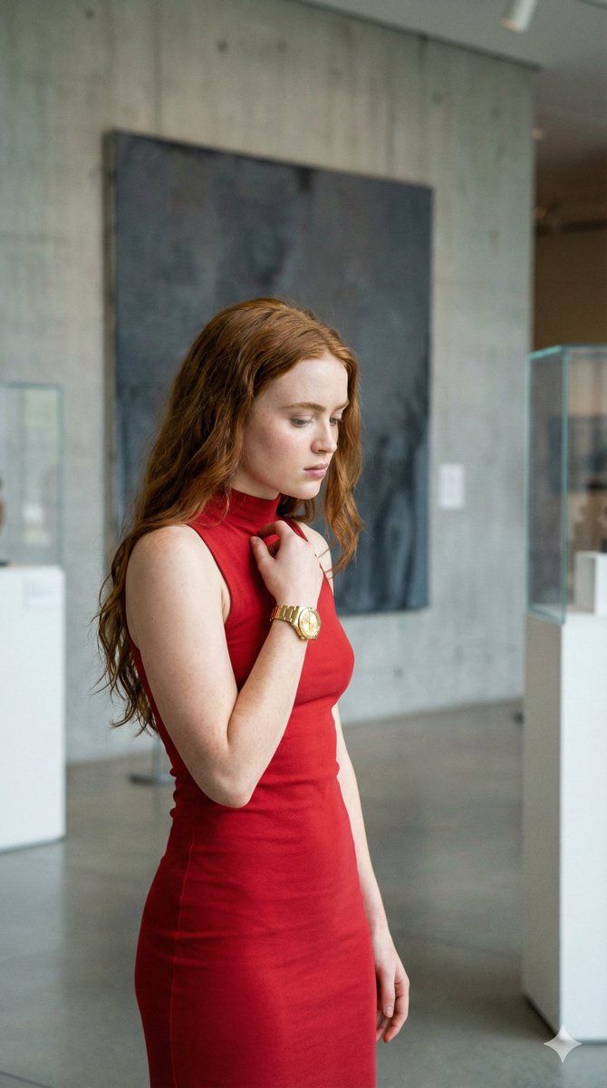 身穿红裙的 萨迪·辛克 (Sadie Sink) 4K 偷拍肖像提示