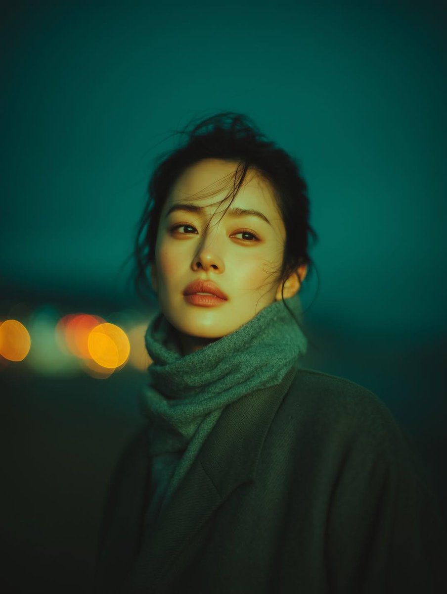 电影感夜间人像,青绿色调校