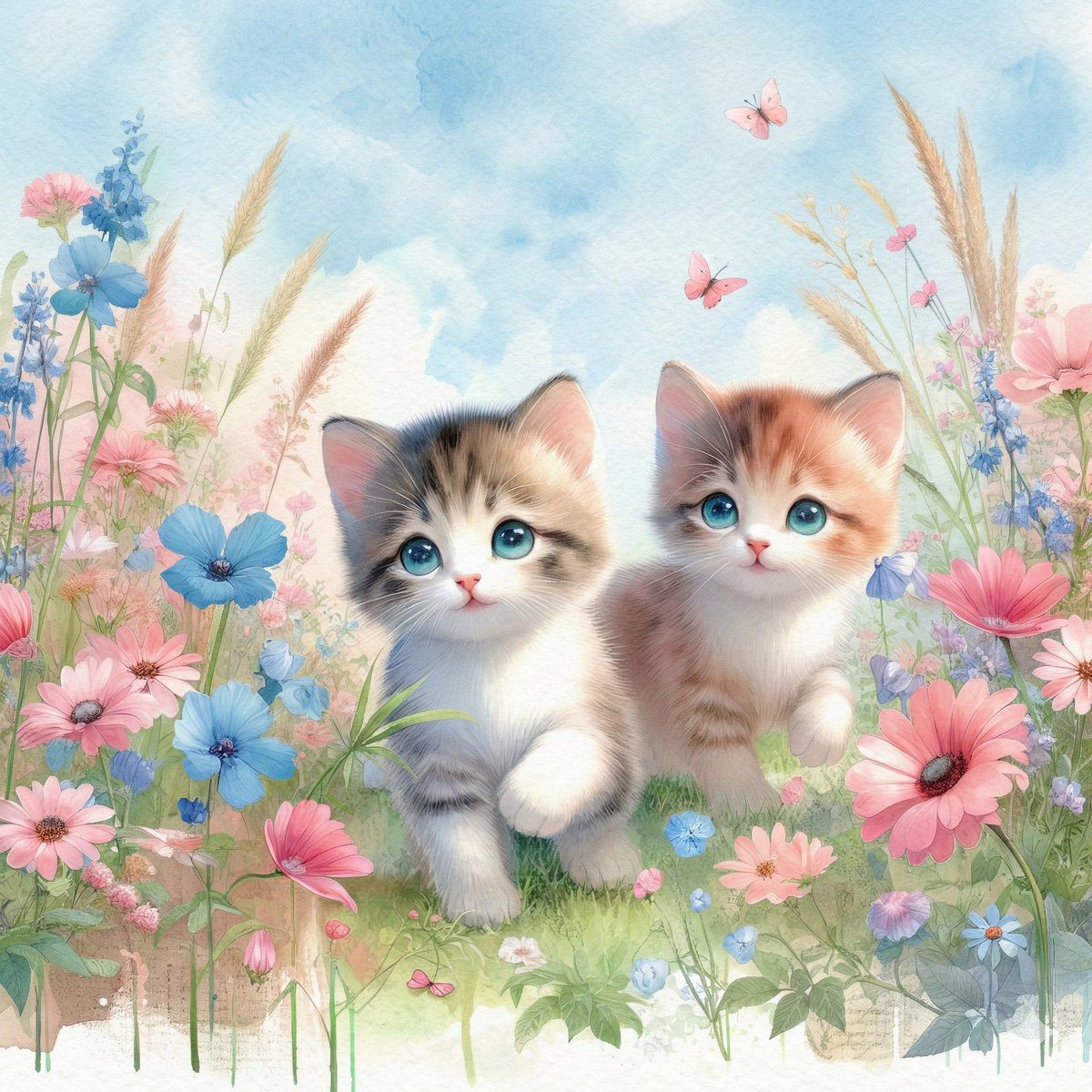 花园里的小猫水彩插画