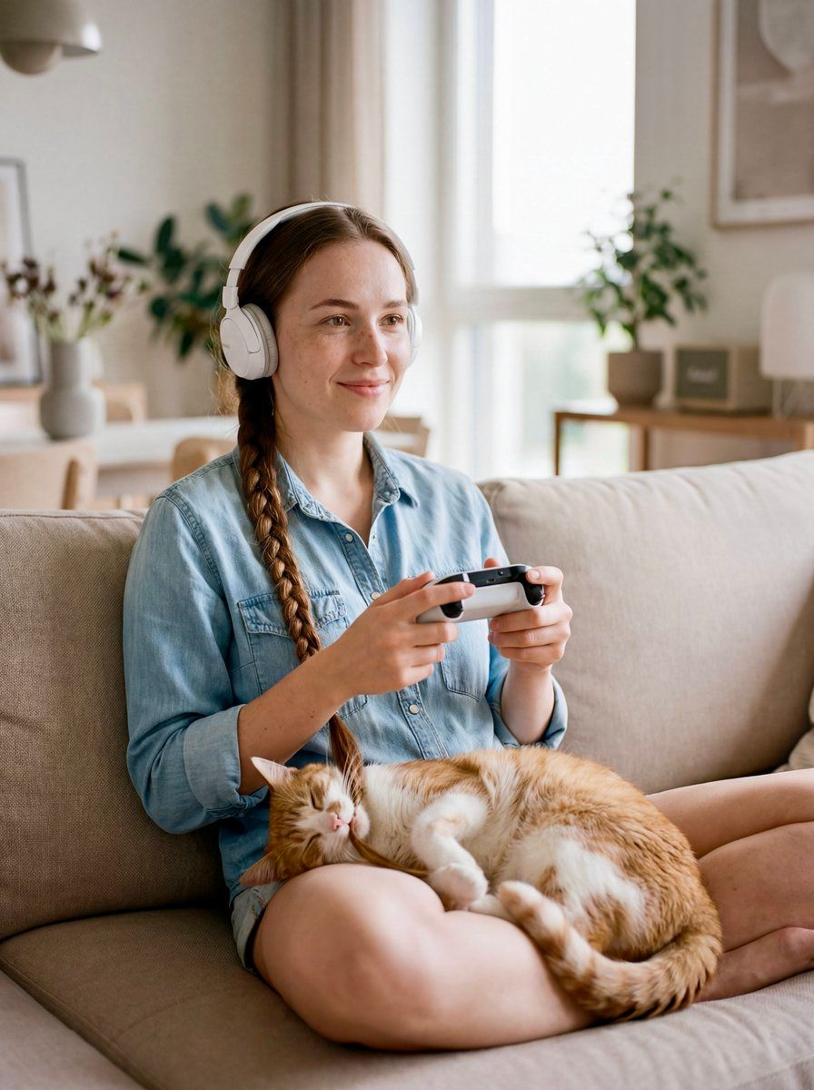 女性与猫咪互动编发造型的编辑肖像