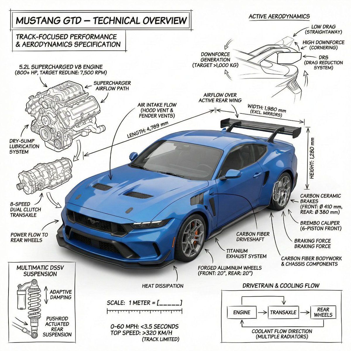 Mustang GTD 的信息图，附带技术注释