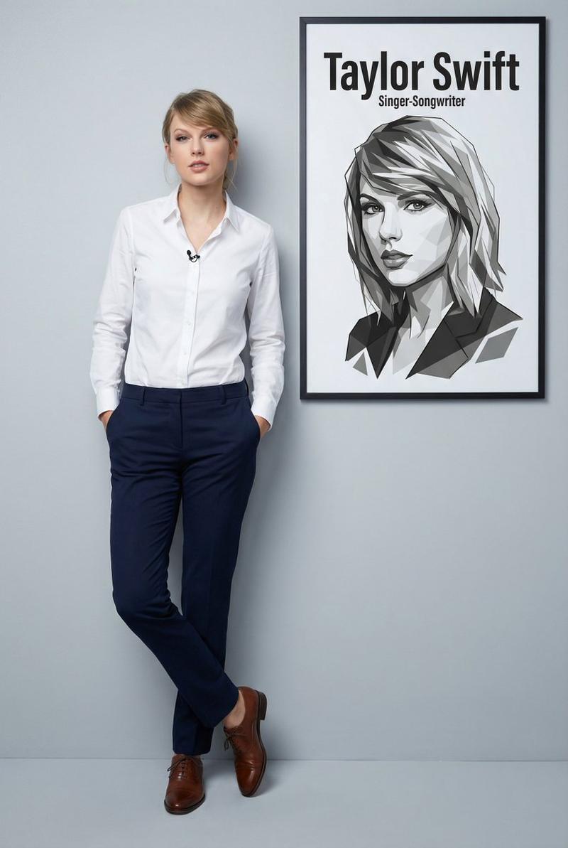 泰勒·斯威夫特 (Taylor Swift) 的超逼真全身肖像，带图形叠加
