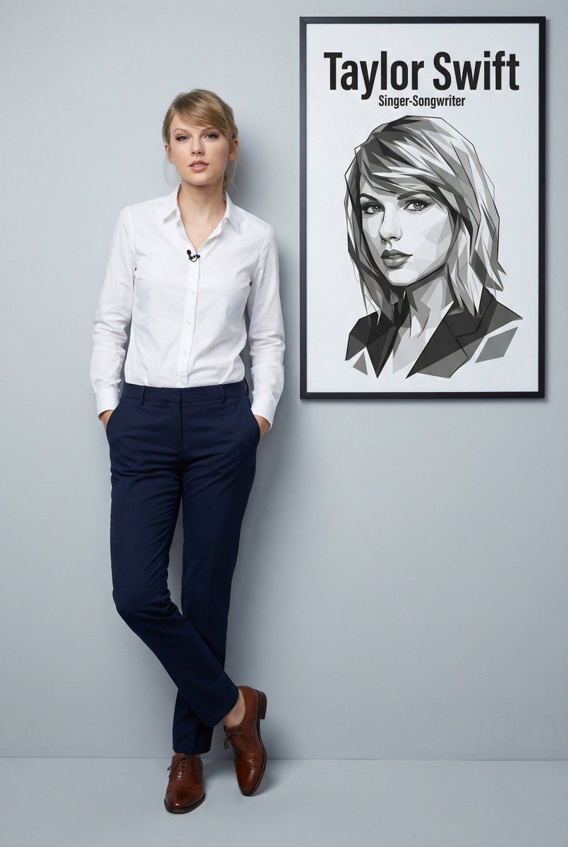泰勒·斯威夫特 (Taylor Swift) 的超逼真全身肖像，带图形叠加