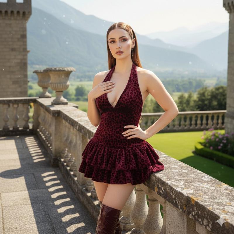 安娜·德·阿玛斯 (Ana de Armas) 身着丝绒礼服在城堡露台拍摄的奢华时尚大片