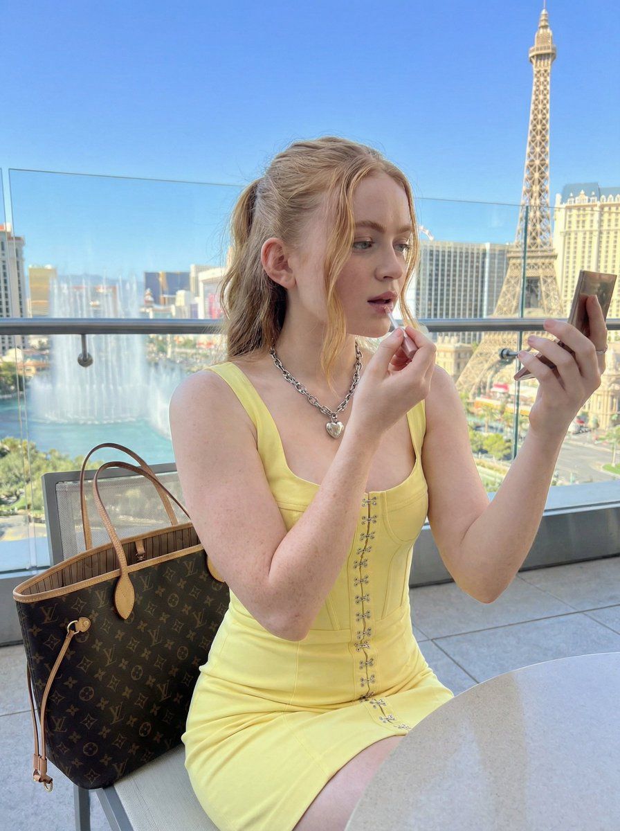 西德尼·斯威尼 (Sydney Sweeney) 身穿淡粉色紧身胸衣连衣裙 (拉斯维加斯)