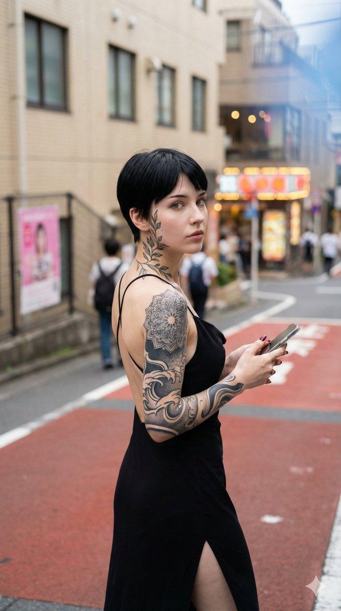 日本都市背景下纹身女性的超写实快照