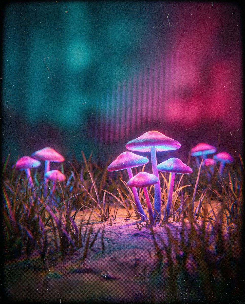 复古科幻风格的生物发光蘑菇群