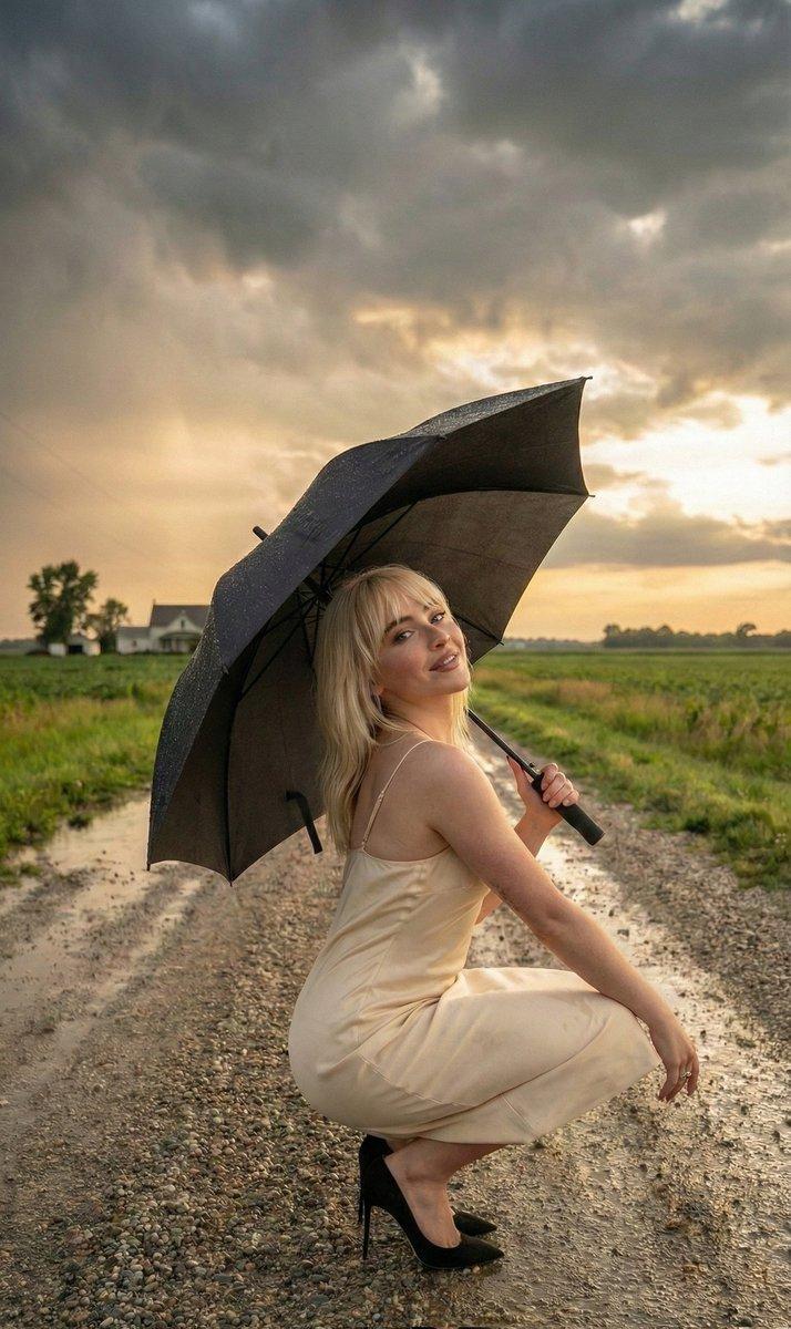 Sabrina Carpenter 在暴风雨乡村背景下的电影肖像