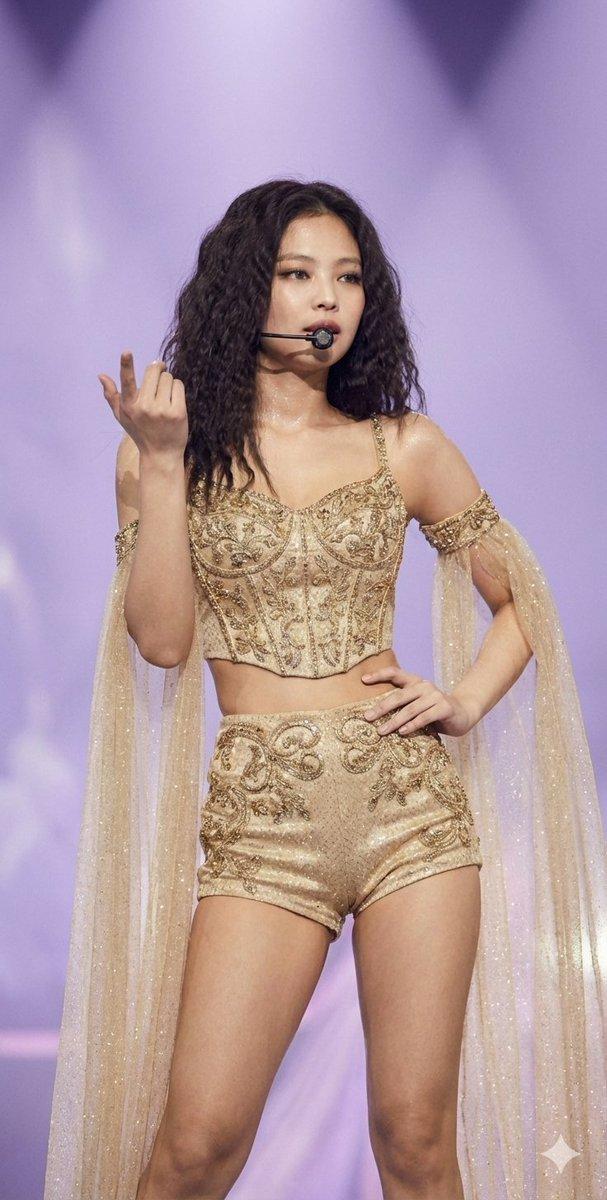 身着金色服装的 Jennie Kim 电影感演唱会照片
