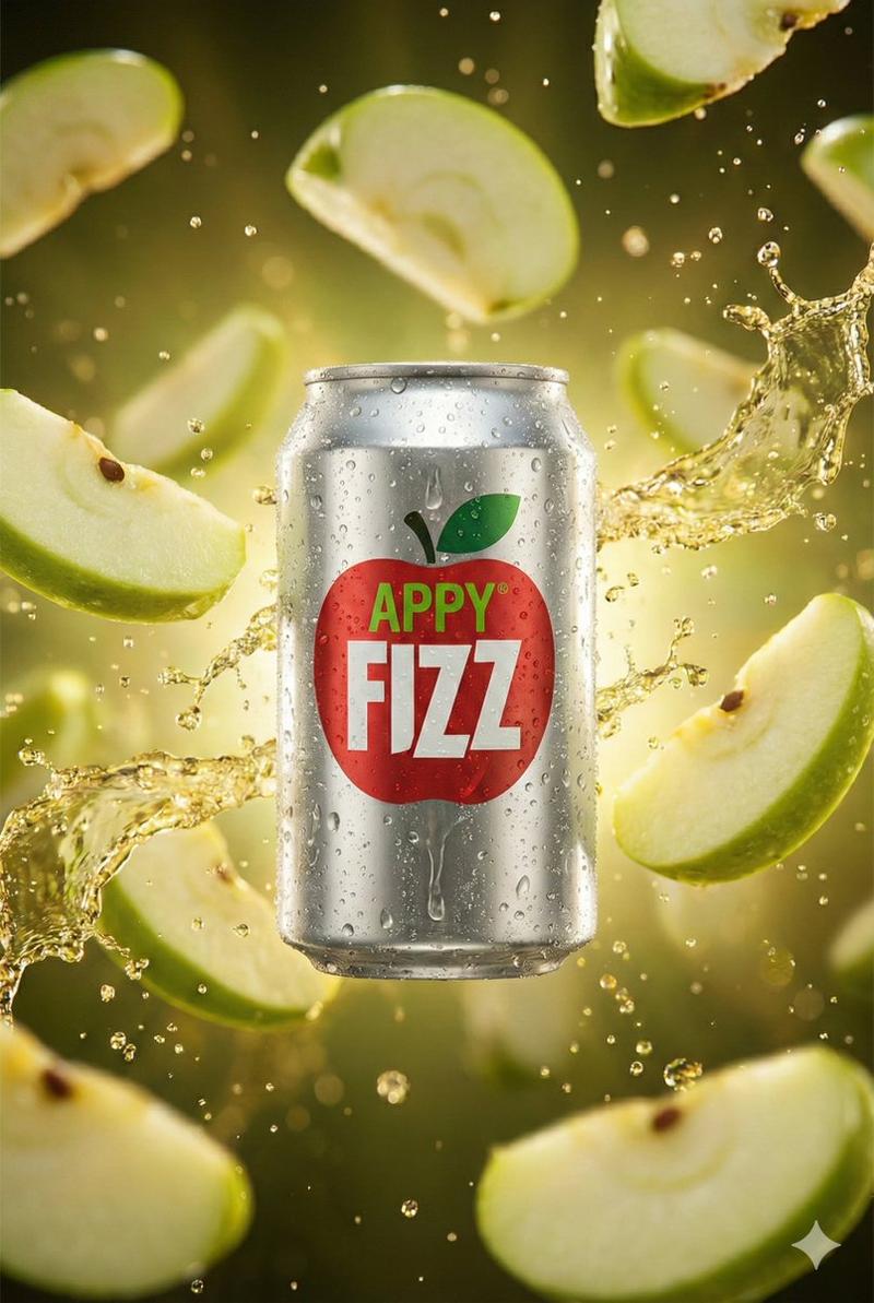 Appy Fizz 罐装饮料的超逼真电影级产品特写，伴有爆裂的苹果切片