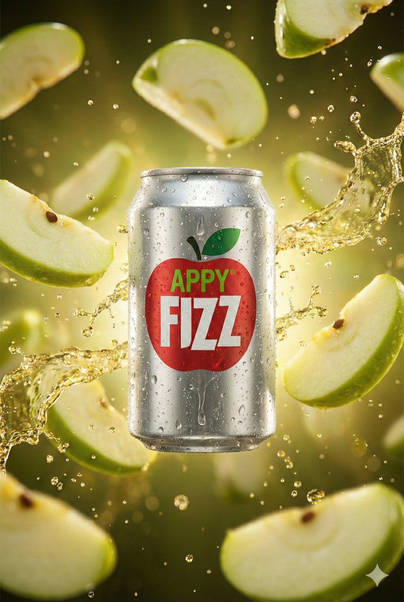 Appy Fizz 罐装饮料的超逼真电影级产品特写，伴有爆裂的苹果切片