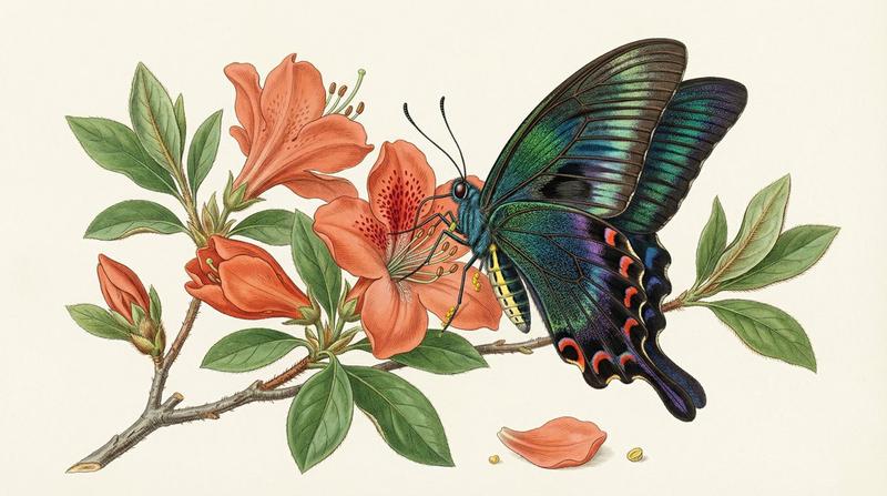 精确的自然历史插画提示：中华孔雀蝶