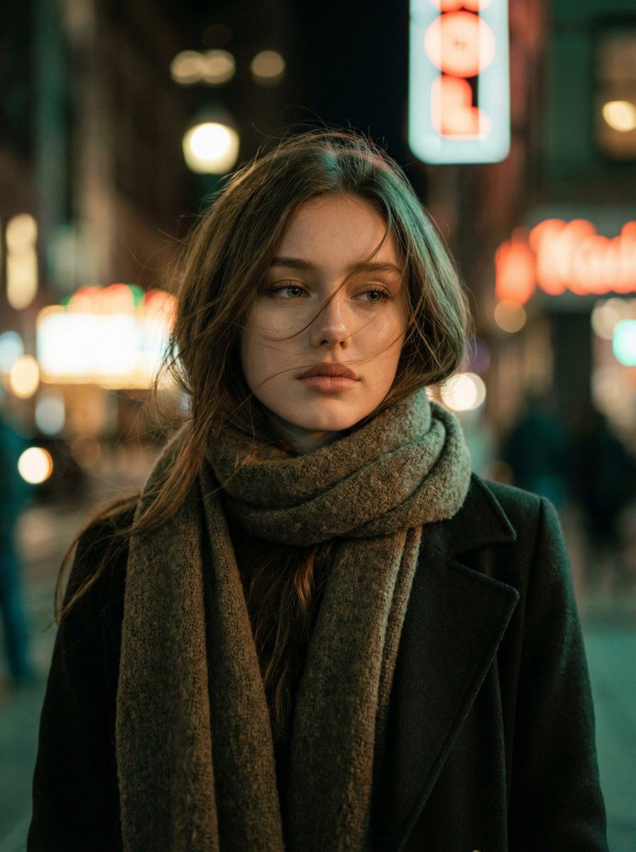 电影风格的年轻女性夜间肖像