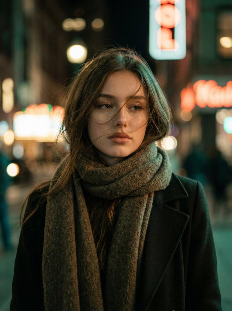 电影风格的年轻女性夜间肖像