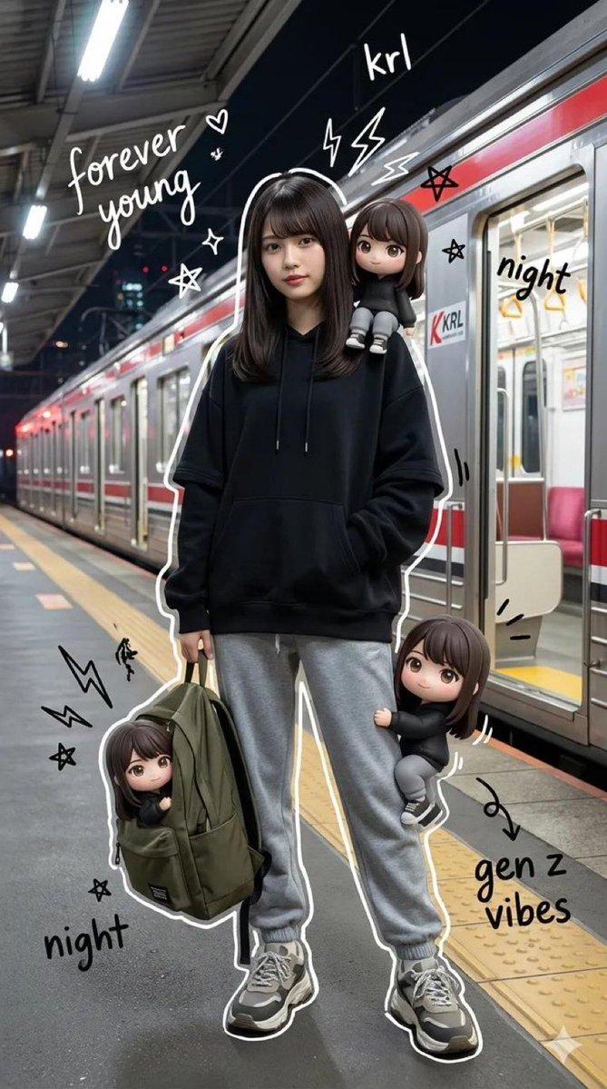 Z 世代青少年与 Q 版克隆人的混合媒体肖像