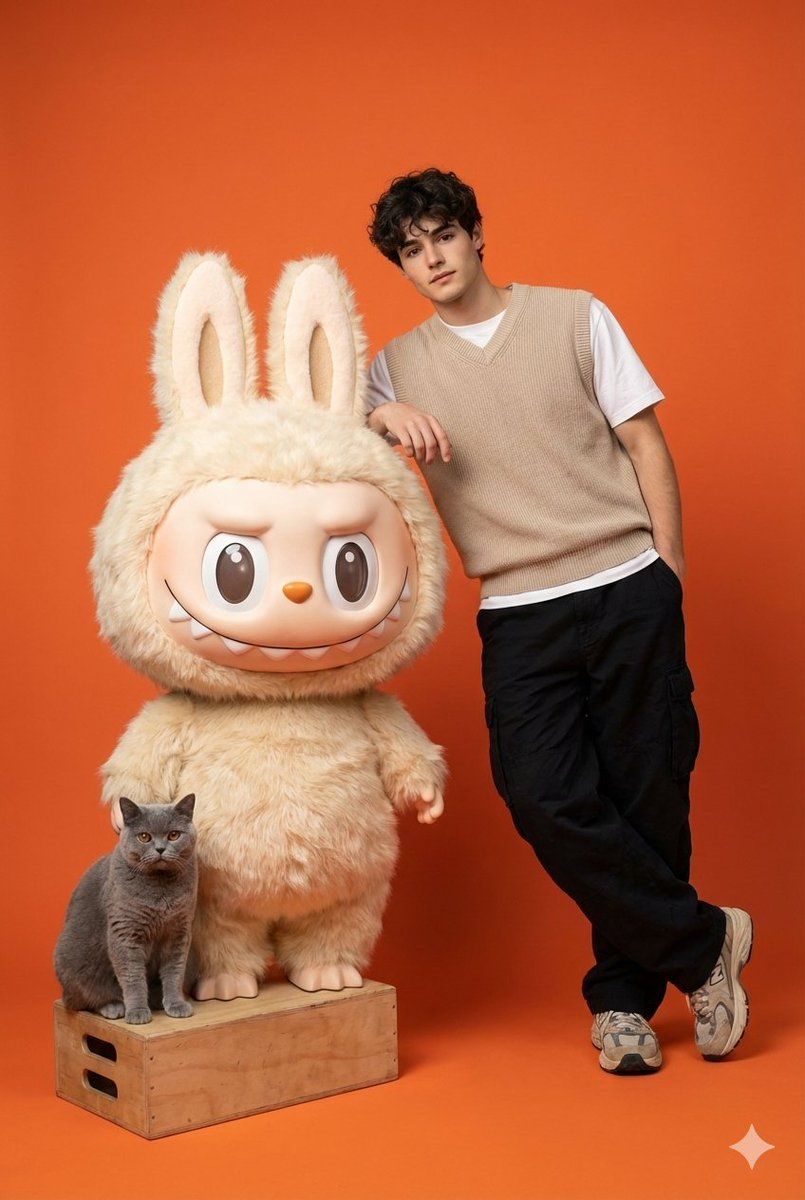 Z 世代街头服饰模特与 Labubu 和英国短毛猫