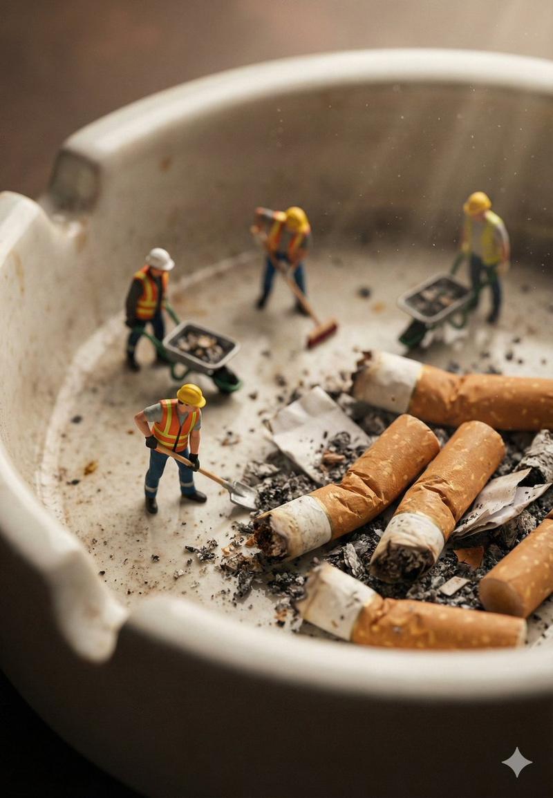 微距摄影:迷你工人清洁烟灰缸