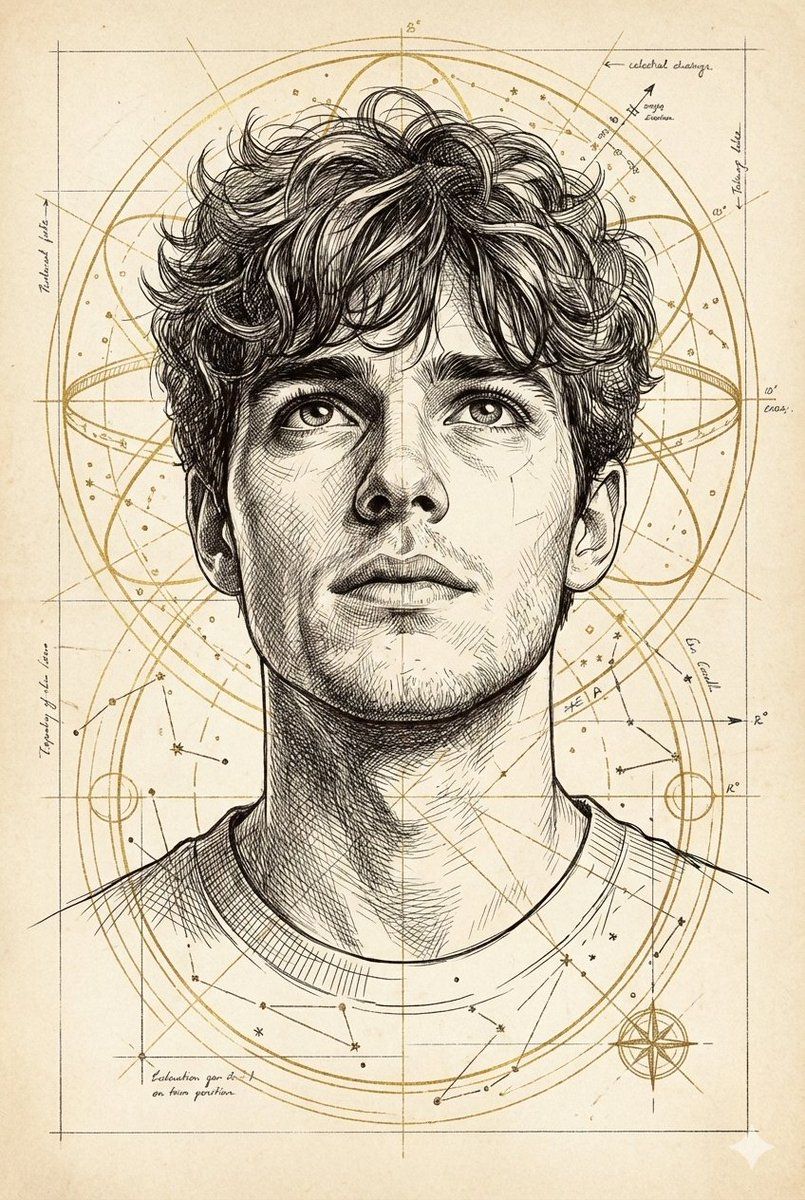 带有星空图案的年轻男子技术插画