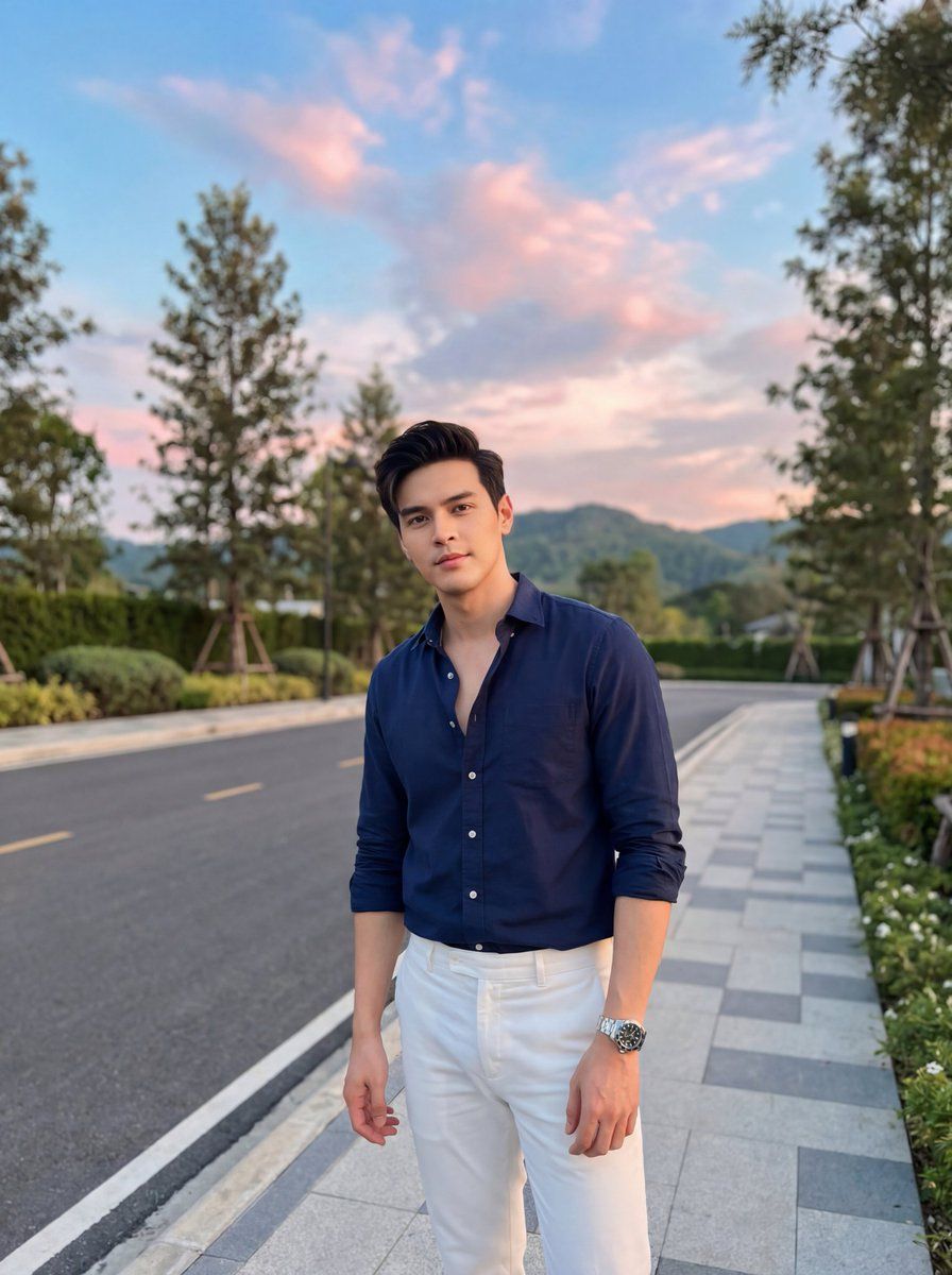 夕阳下人行道上的时尚男士