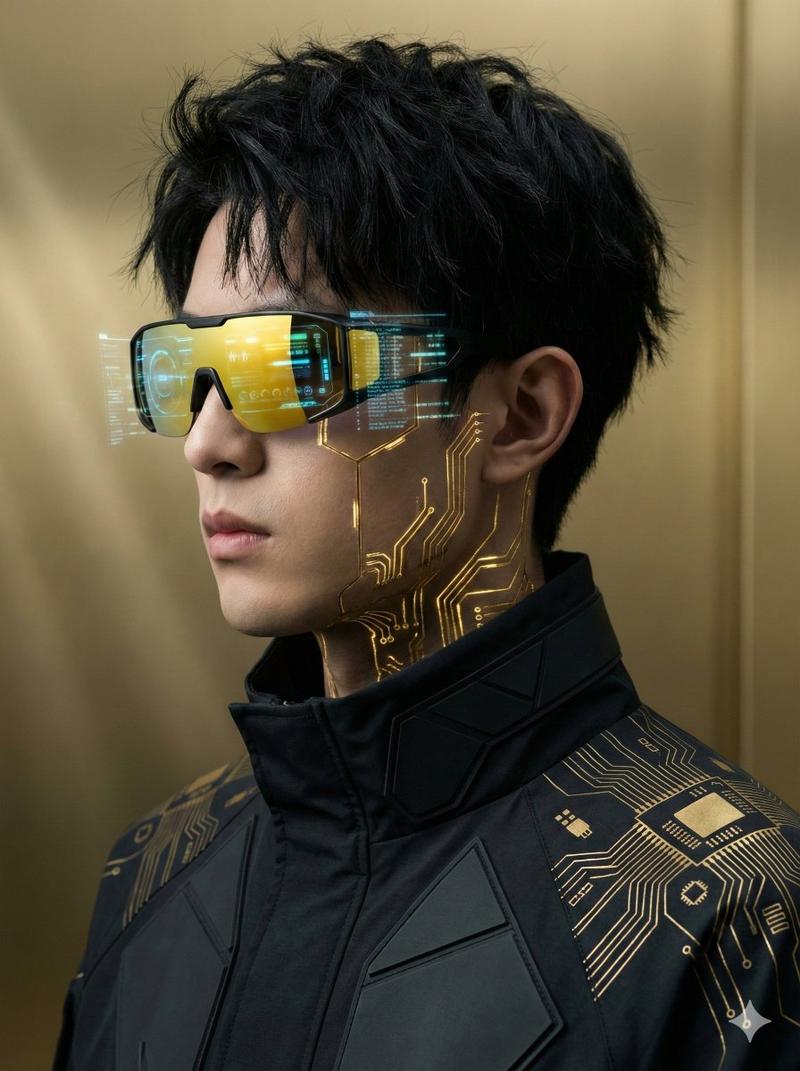 未来赛博朋克肖像与金色电路