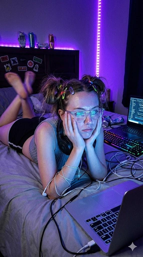 赛博朋克垃圾摇滚游戏少女肖像,带 Lo-Fi 美学