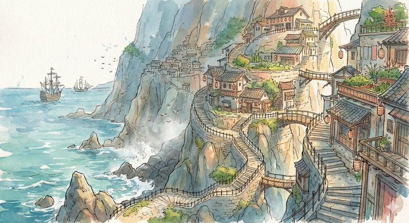 水彩悬崖村庄插画