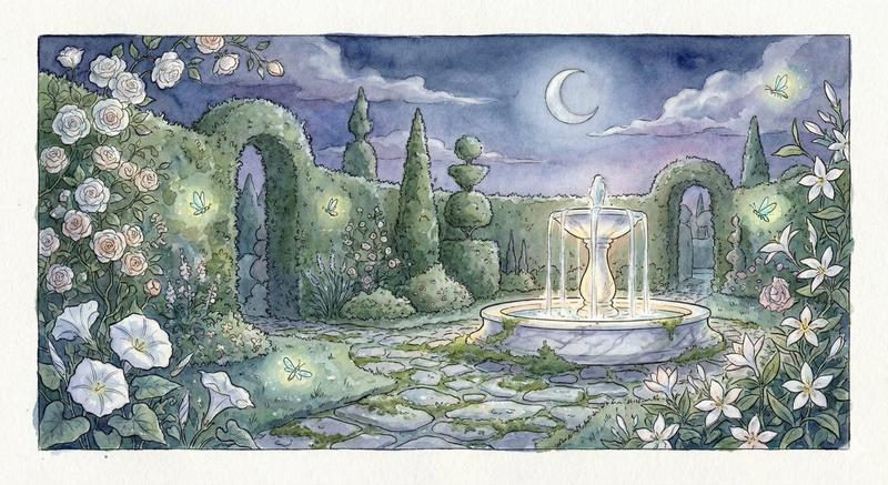 午夜魔法花园水彩插画