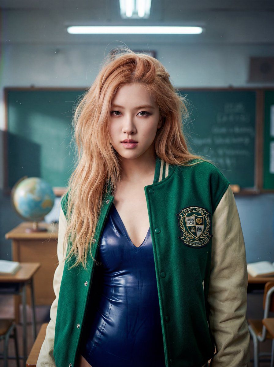 复古高中背景下 Rosé (BLACKPINK) 的电影感肖像