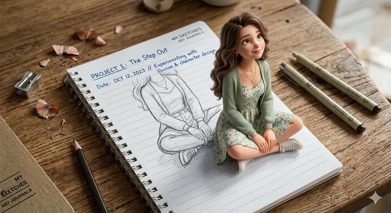笔记本中跃然而出的女孩 3D 弹出式错觉艺术作品