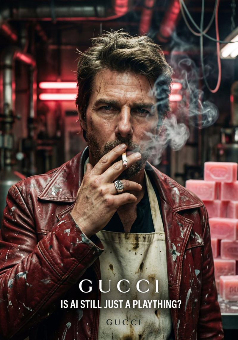 带有 GUCCI 品牌标识的粗犷汤姆·克鲁斯肖像