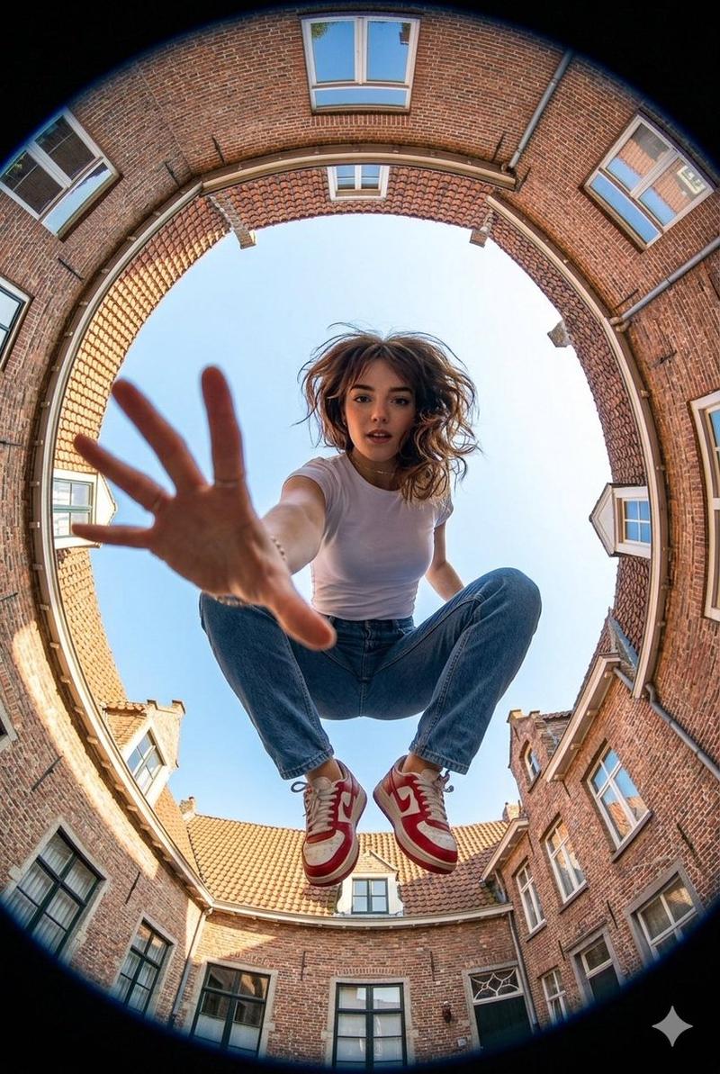 一名女子在半空中蹲伏的超广角鱼眼镜头拍摄画面