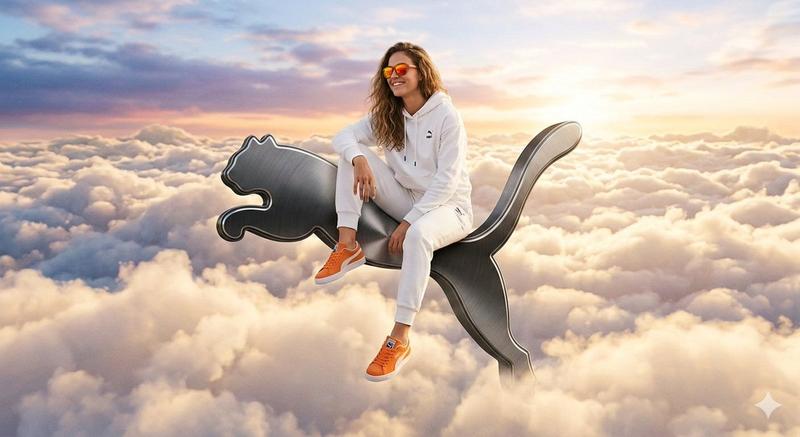 漂浮的 Puma 标志上的超现实高级时装广告