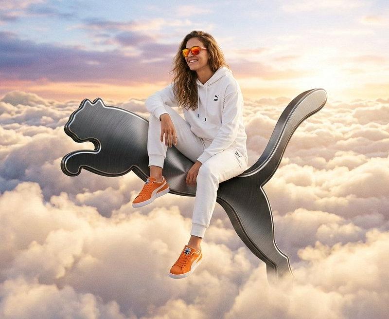 漂浮的 Puma 标志上的超现实高级时装广告