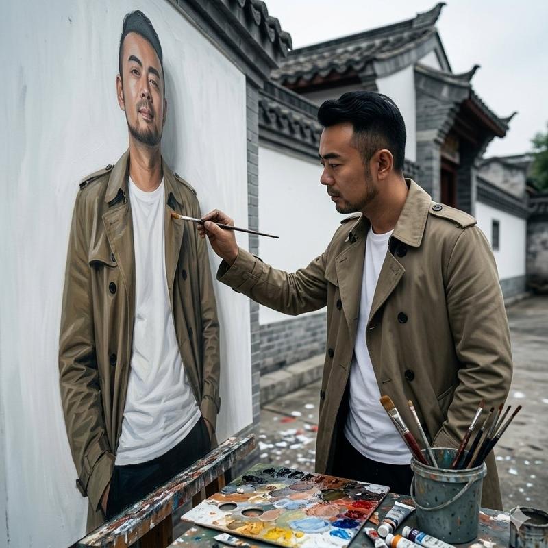一位艺术家正在描绘自己的电影感绘画肖像